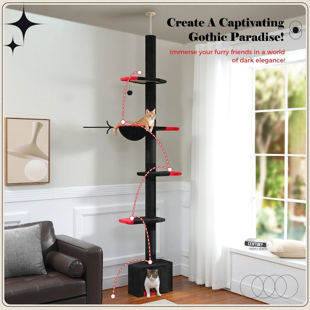 Adjustable Floor-to-Ceiling Cat Tower with Scratching Post and Dangling Ball