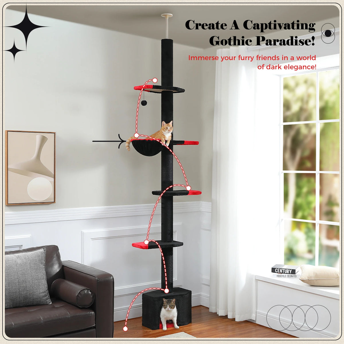 Adjustable Floor-to-Ceiling Cat Tower with Scratching Post and Dangling Ball