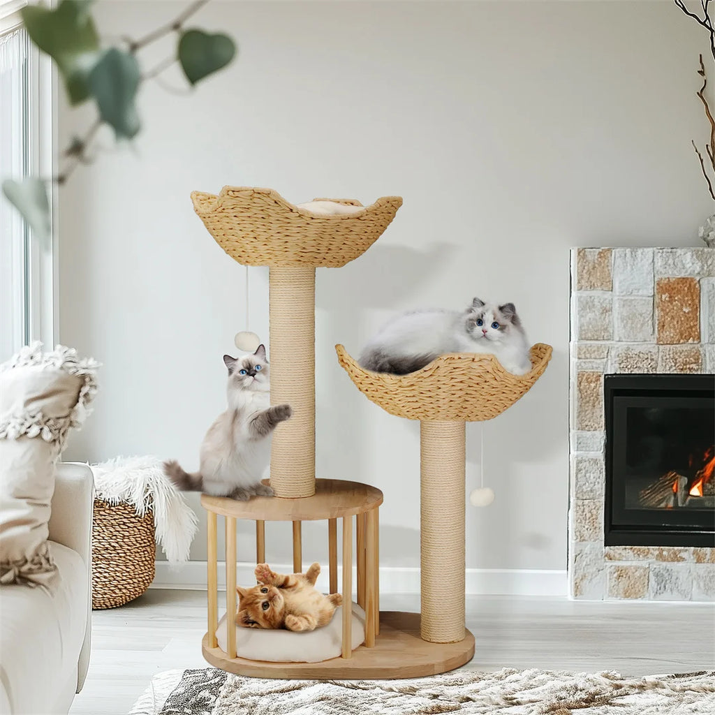 Three-Tier Cat Climbing Tower with Scratching Post and Cat Condo