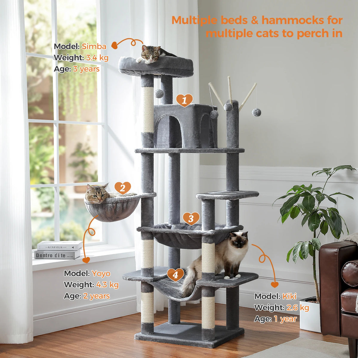 Multi-Level Cat Tower with Oversized Hammock and Climbing Perches