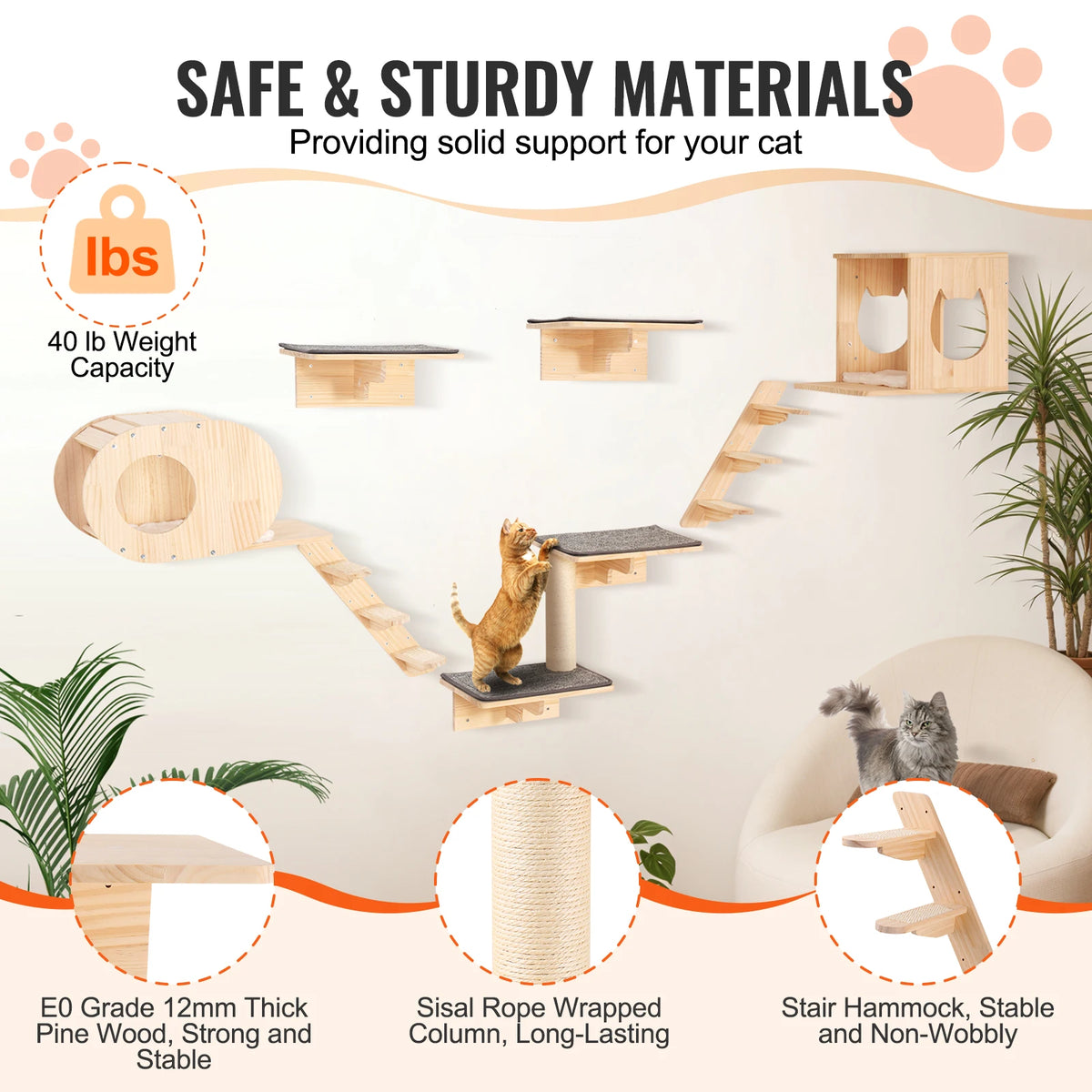 Wall-Mounted Cat Shelves with Jumping Boards and Hammocks