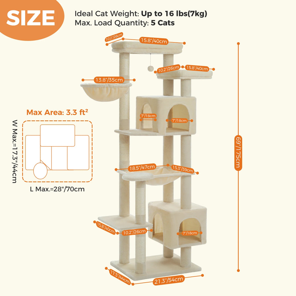 Multi-Level Cat Tower with Condos, Hammock, and Sisal Scratching Posts