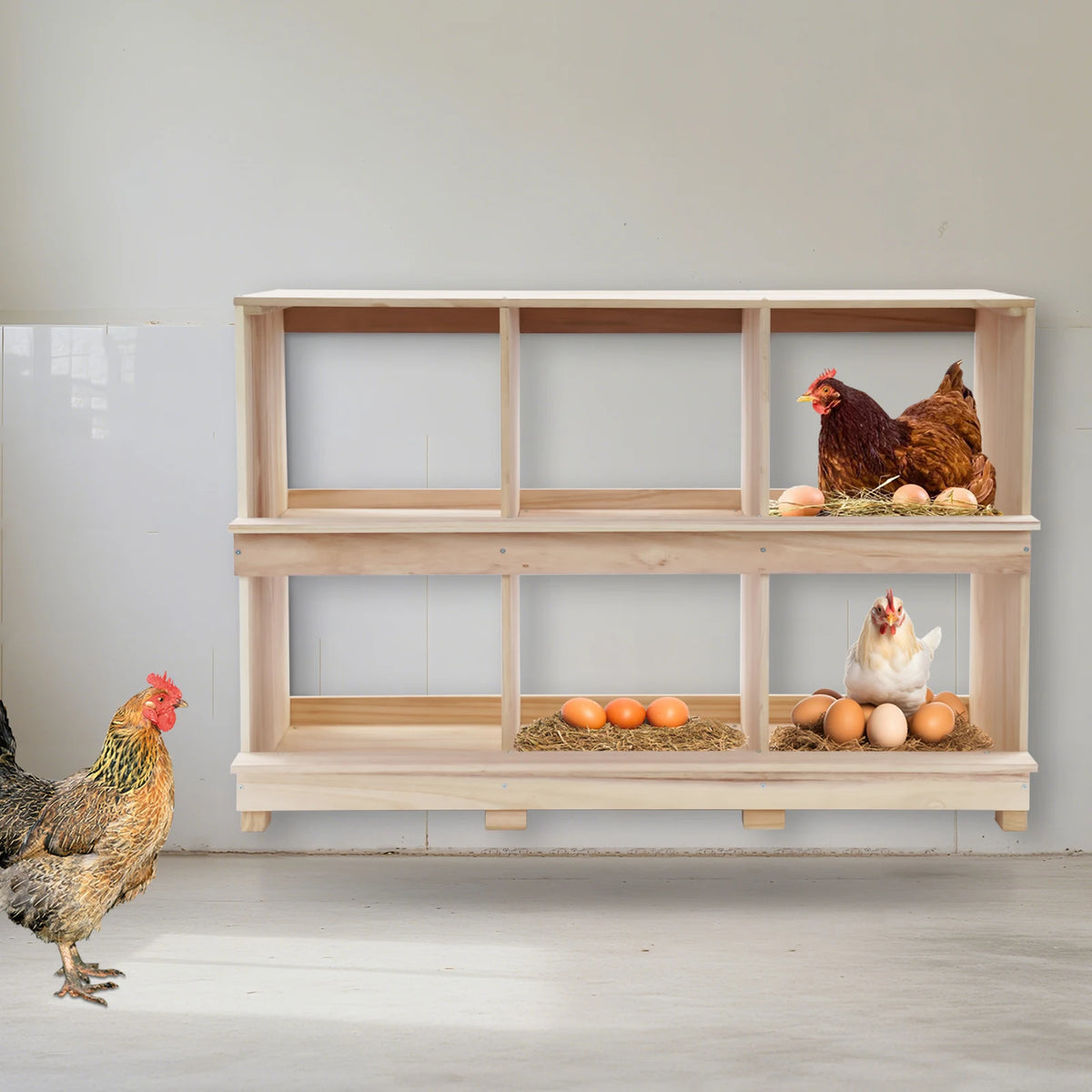 Six-Compartment Wooden Chicken Nesting Box for Organized Hen Egg Laying