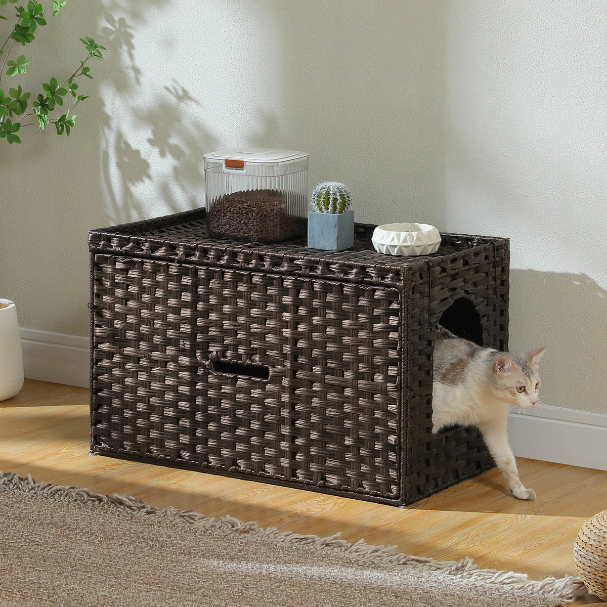 Woven Cat Litter Box Enclosure with Reversible Entrance and Flip-Up Lid