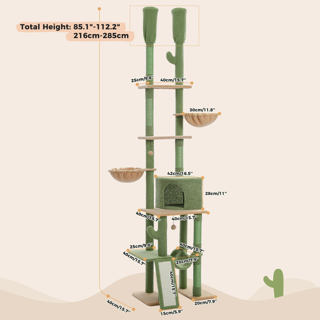 Cactus-Shaped Floor-to-Ceiling Cat Climbing Tower with Hammocks