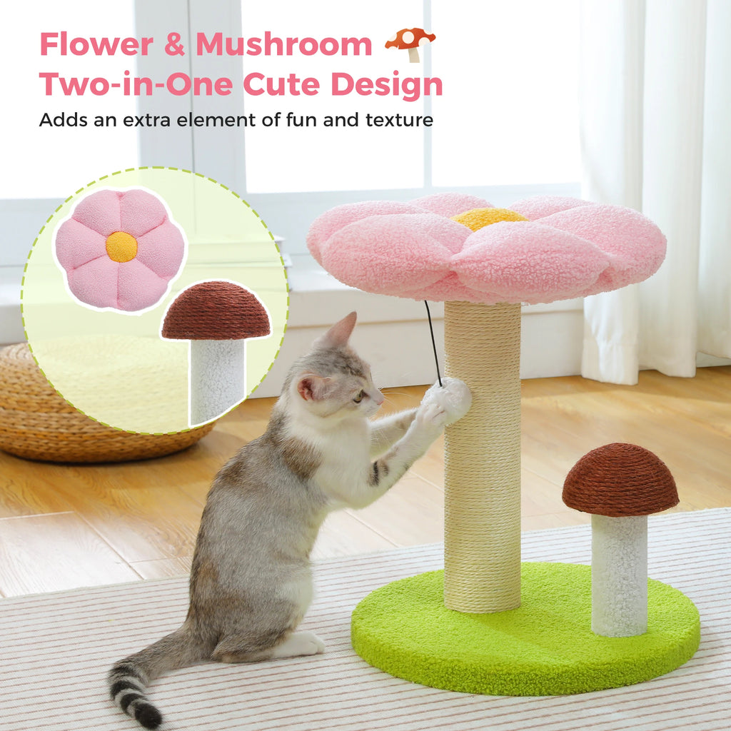 Small Cat Scratcher with Flower Perch and Hanging Pom-Pom Toy
