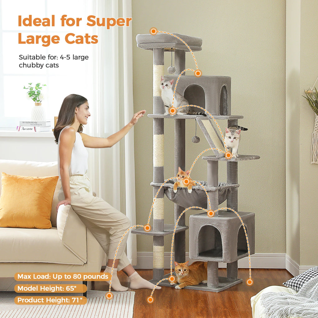 Tall Multi-Level Cat Tower for Large Cats with Two Condos and Scratching Posts
