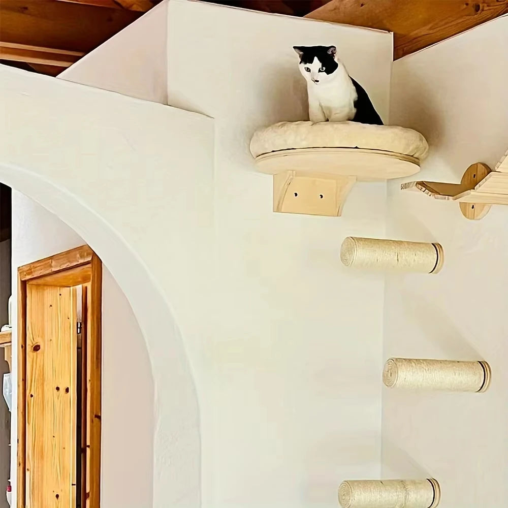 Cat Wall Mounted Solid Wooden Furniture Climbing Ladder and Cat Hammock with Scratching