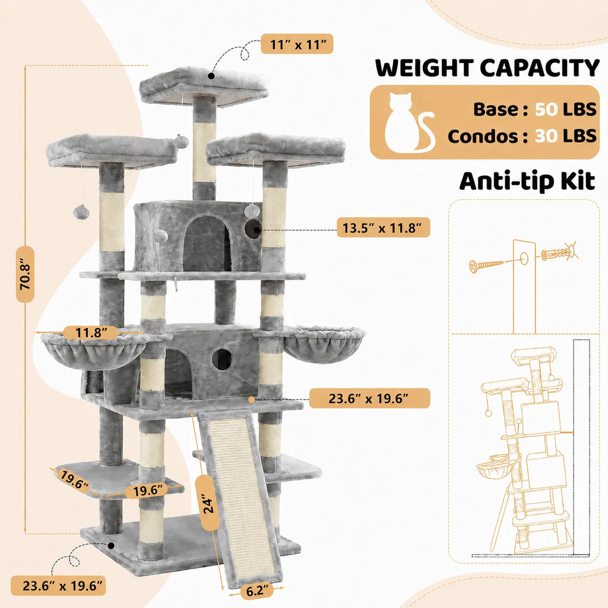Large Multi-Level Cat Tree with Scratching Surfaces for Indoor Climbing