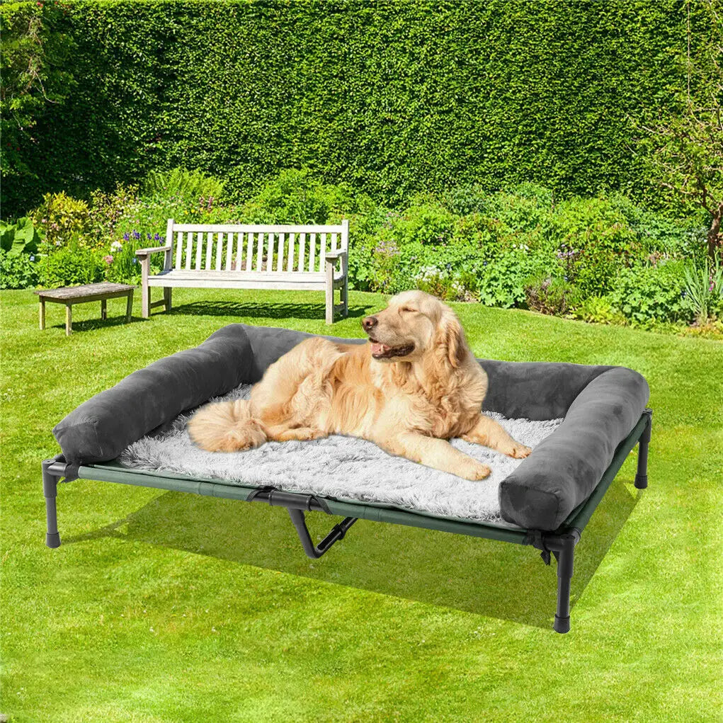 Elevated Pet Lounger with Two Covers and Detachable Bolster