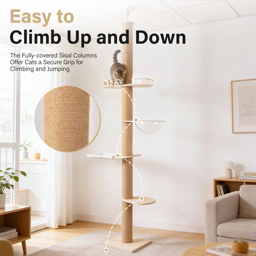 Adjustable Floor-to-Ceiling Cat Tree with Four Levels and Hammock