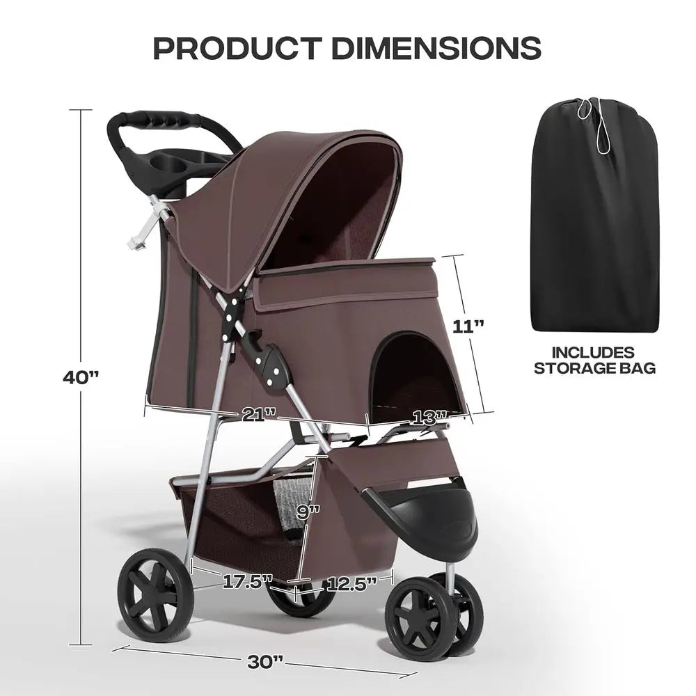 Foldable Pet Stroller with Swivel Front Wheel and Storage Basket