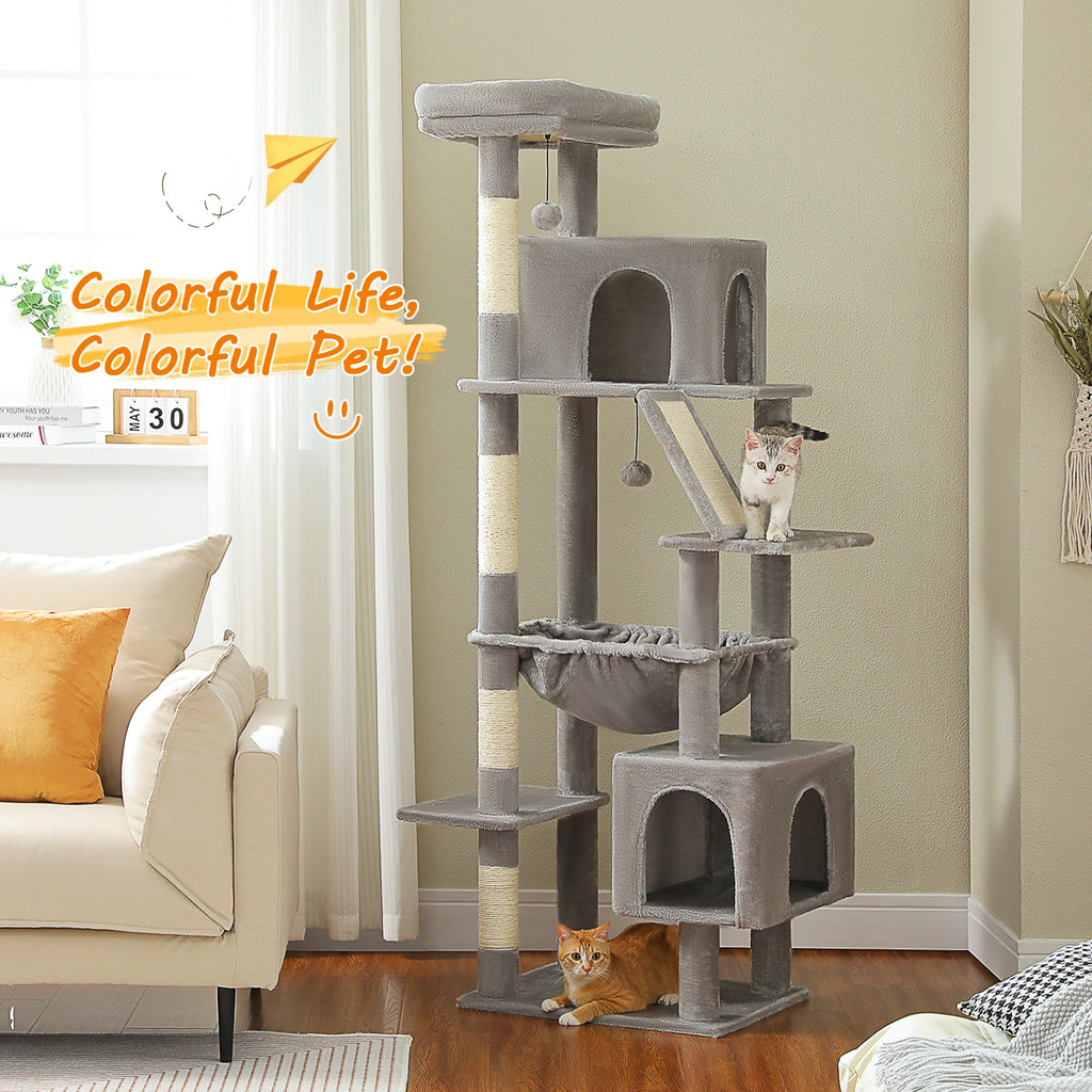 Tall Multi-Level Cat Tower for Large Cats with Two Condos and Scratching Posts