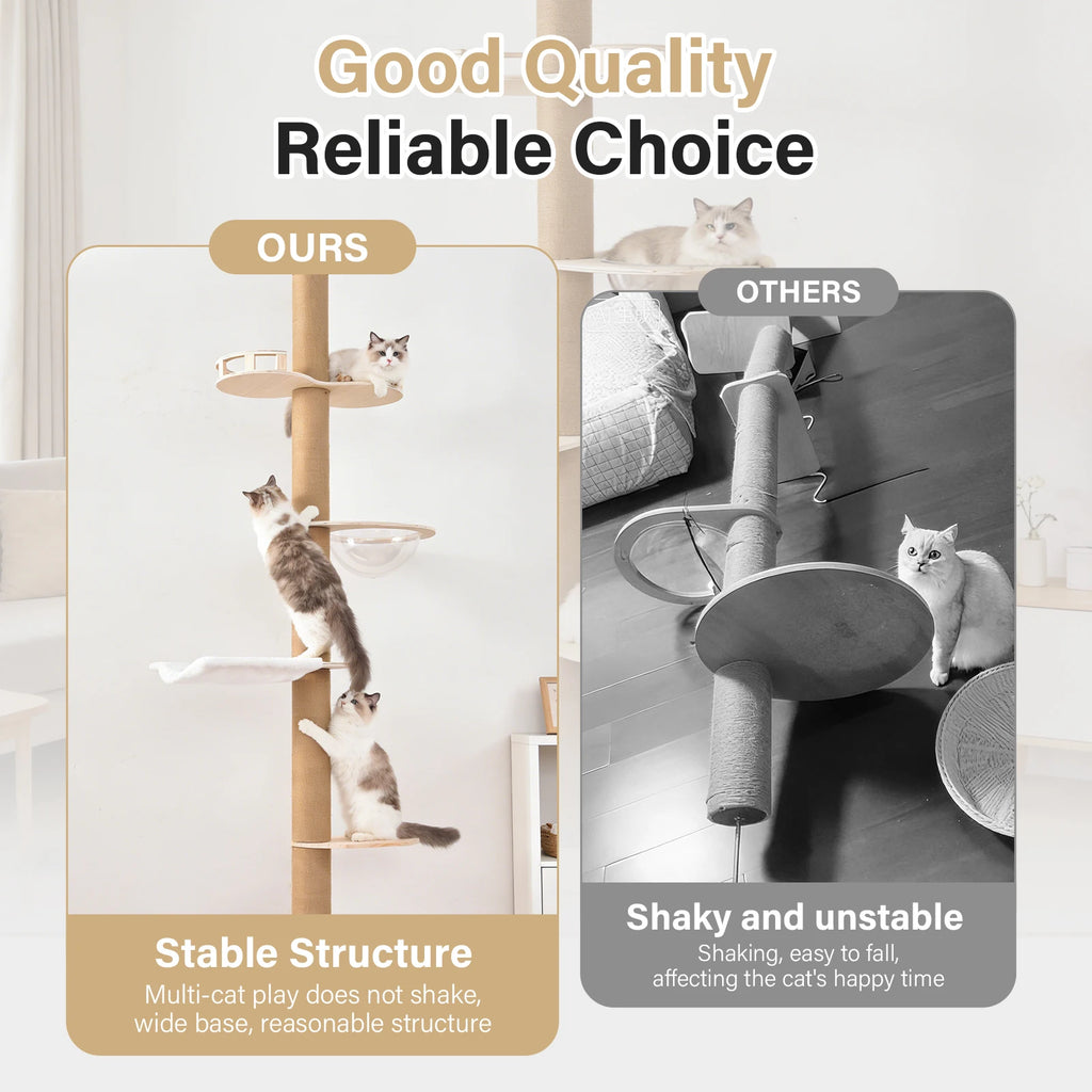 Adjustable Floor-to-Ceiling Cat Tree with Four Levels and Hammock