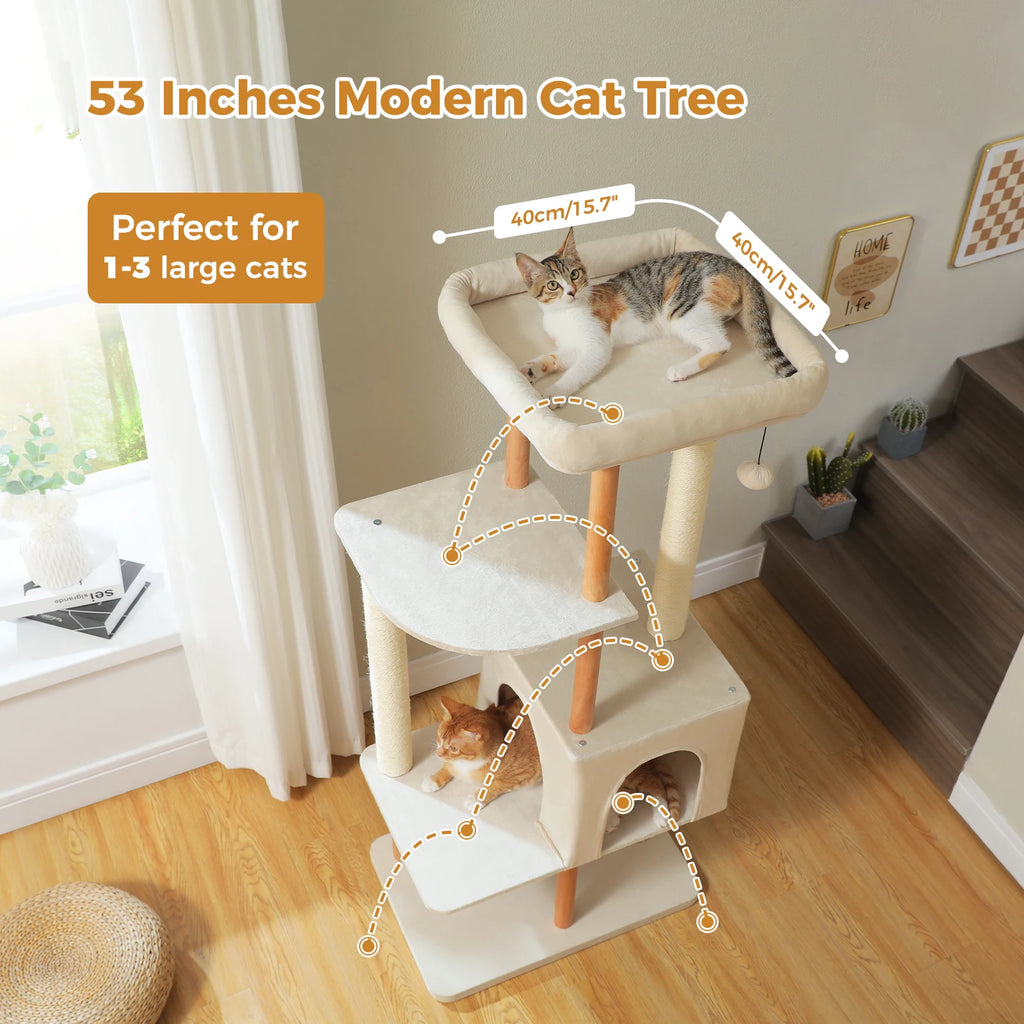 Multi-Level Wooden Cat Tower with Large Condo and Sisal Posts