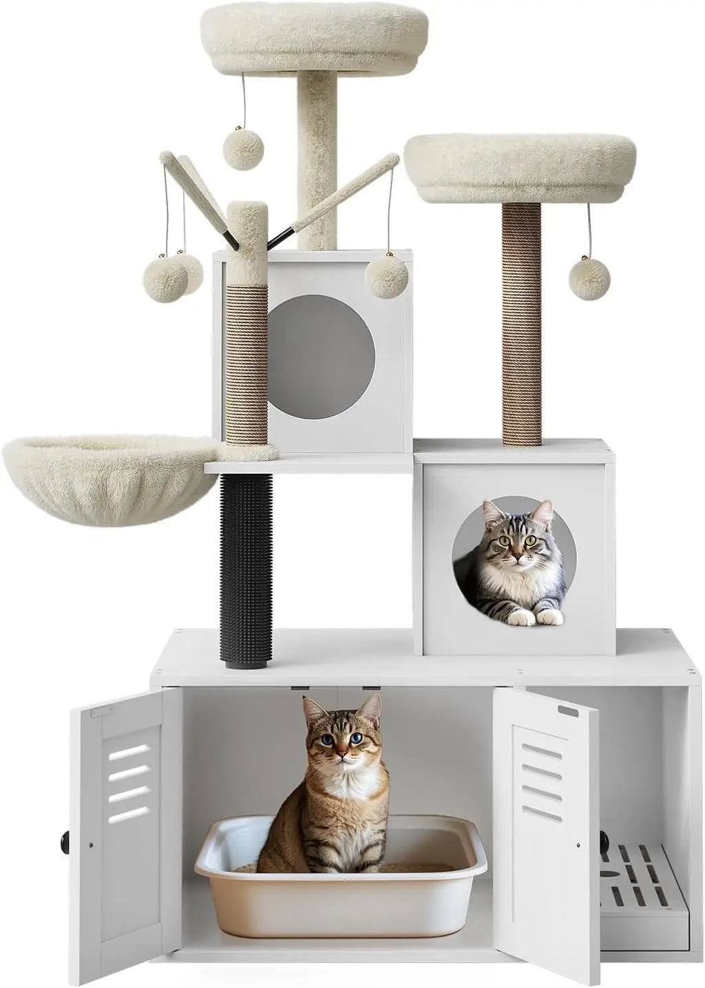 Multi-Level Cat Tower with Hidden Litter Box Cabinet, Soft Perch, and Scratching Posts