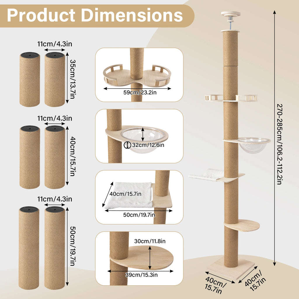 Adjustable Floor-to-Ceiling Cat Tree with Four Levels and Hammock