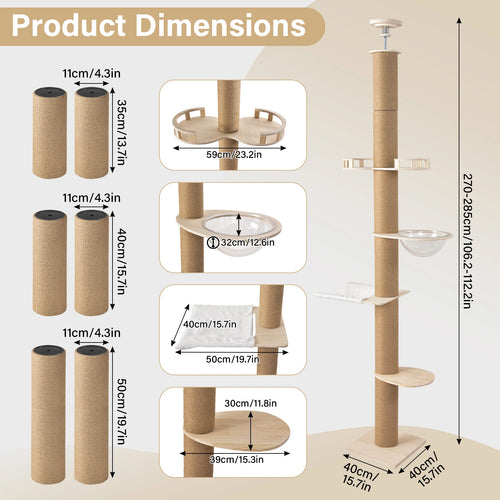 Adjustable Floor-to-Ceiling Cat Tree with Four Levels and Hammock