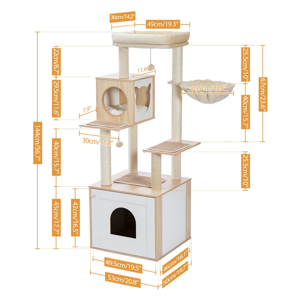Multi-Level Cat Tower with Litter Box Enclosure and Storage Cabinet