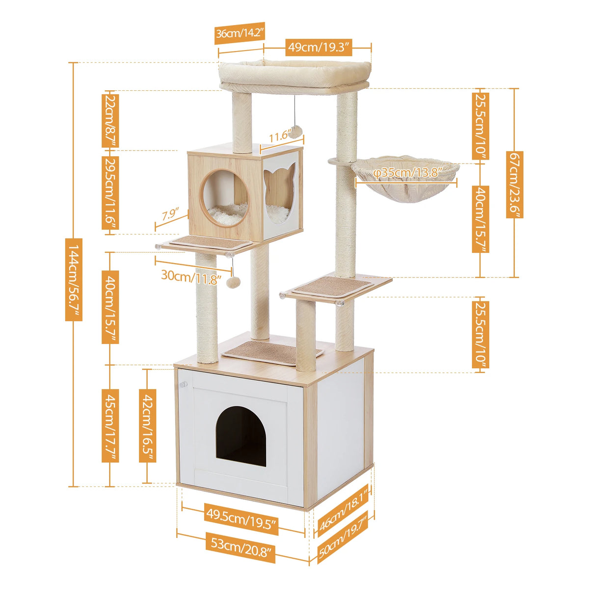 Multi-Level Cat Tower with Litter Box Enclosure and Storage Cabinet