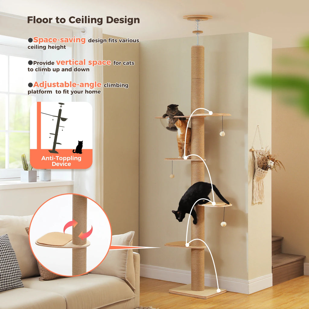 Adjustable Floor-to-Ceiling Cat Tree with Cave and Hanging Toys