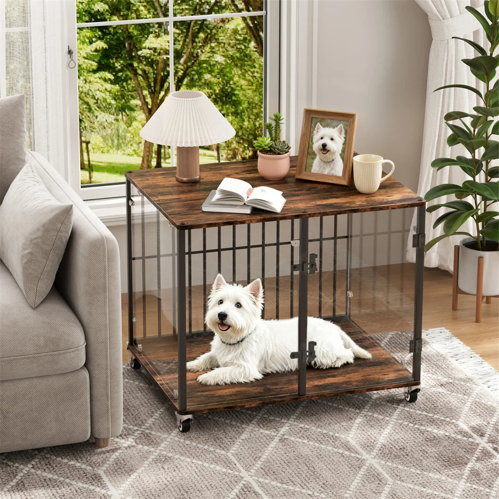 Furniture-Style Dog Kennel with Side Table and Lockable Wheels
