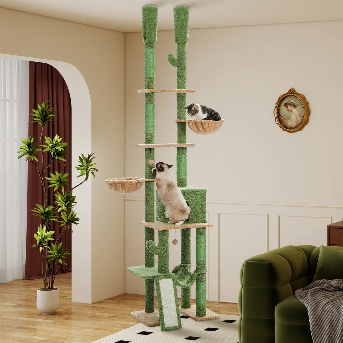 Cactus-Shaped Floor-to-Ceiling Cat Tower with Hammock and Scratching Post