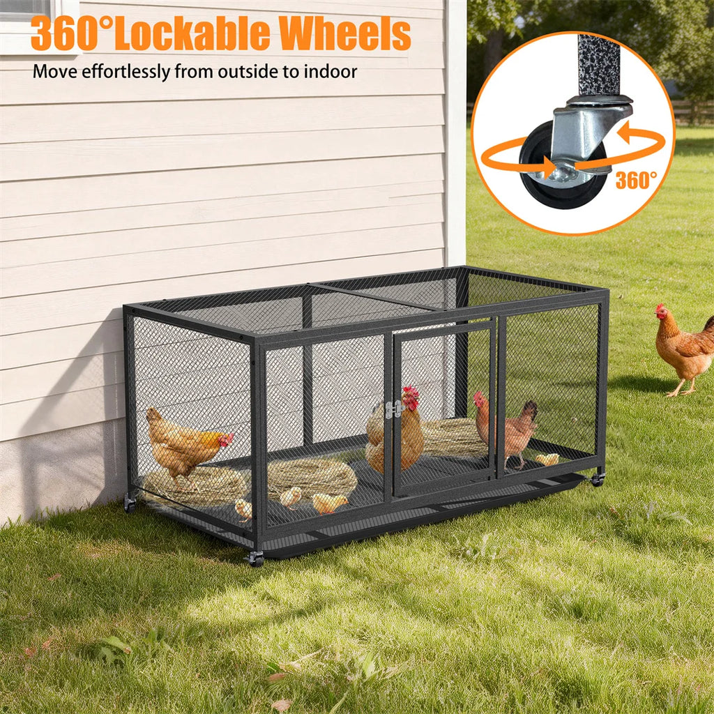 Wheeled Chicken Coop with water-ready Cover and Slide-Out Tray