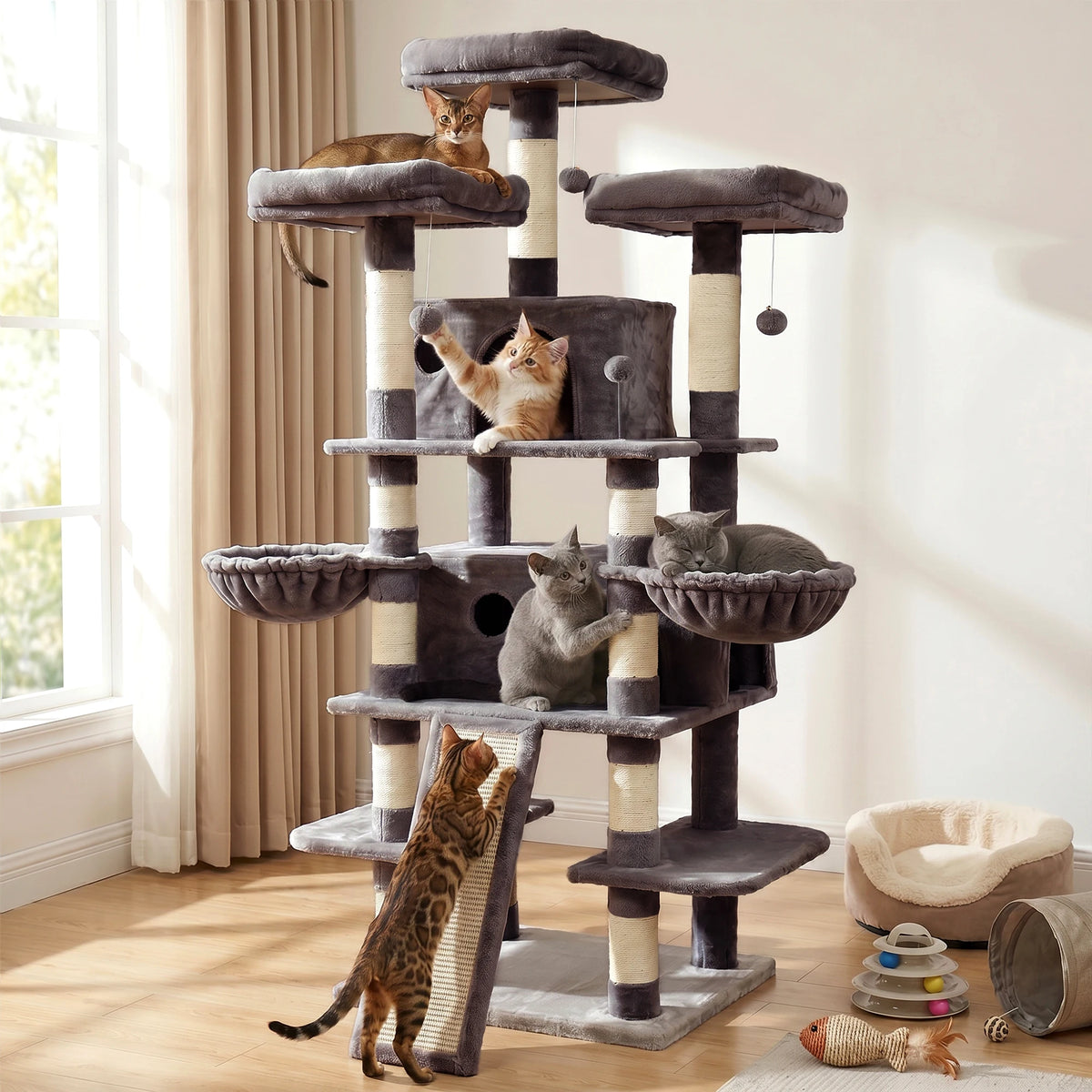 Large Multi-Level Cat Tree with Scratching Surfaces for Indoor Climbing