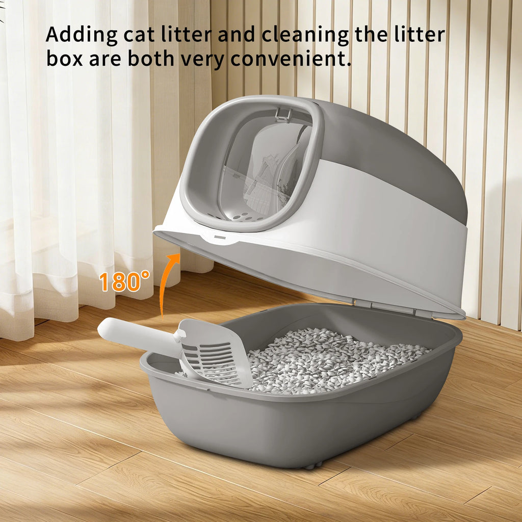 Spacious Open-Top Cat Litter Box with Clear Sides and Scoop