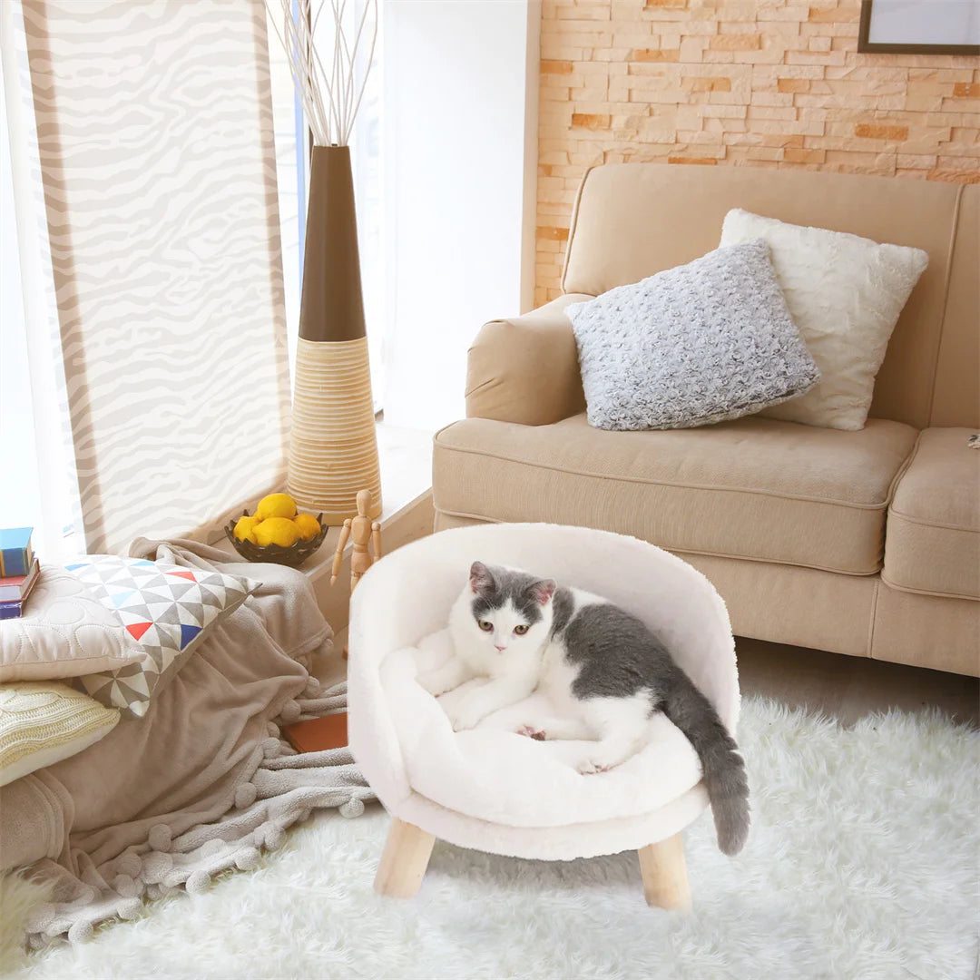 Plush Cat Bed Nesting Chair with Washable water-ready Cushion and Wood Legs