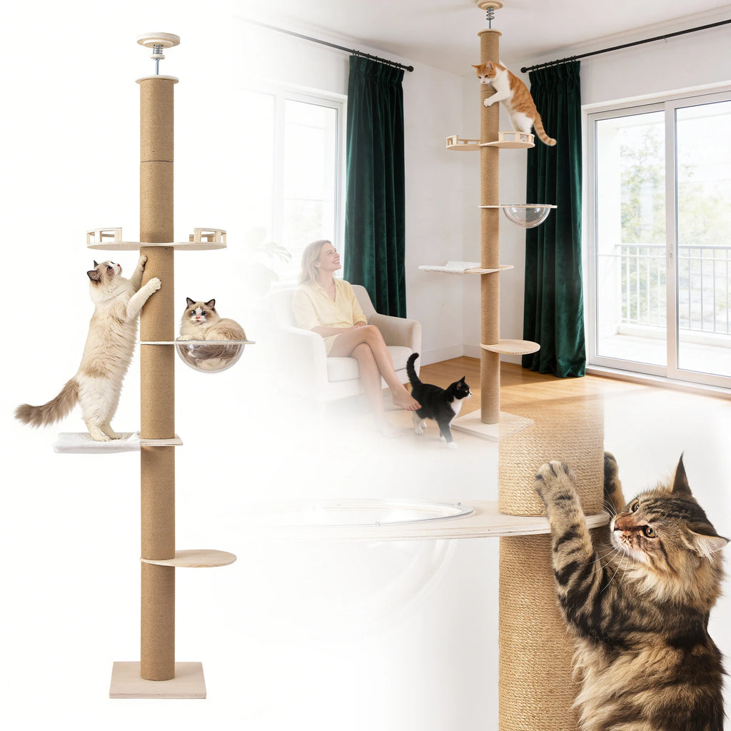 Adjustable Floor-to-Ceiling Cat Tree with Four Levels and Hammock