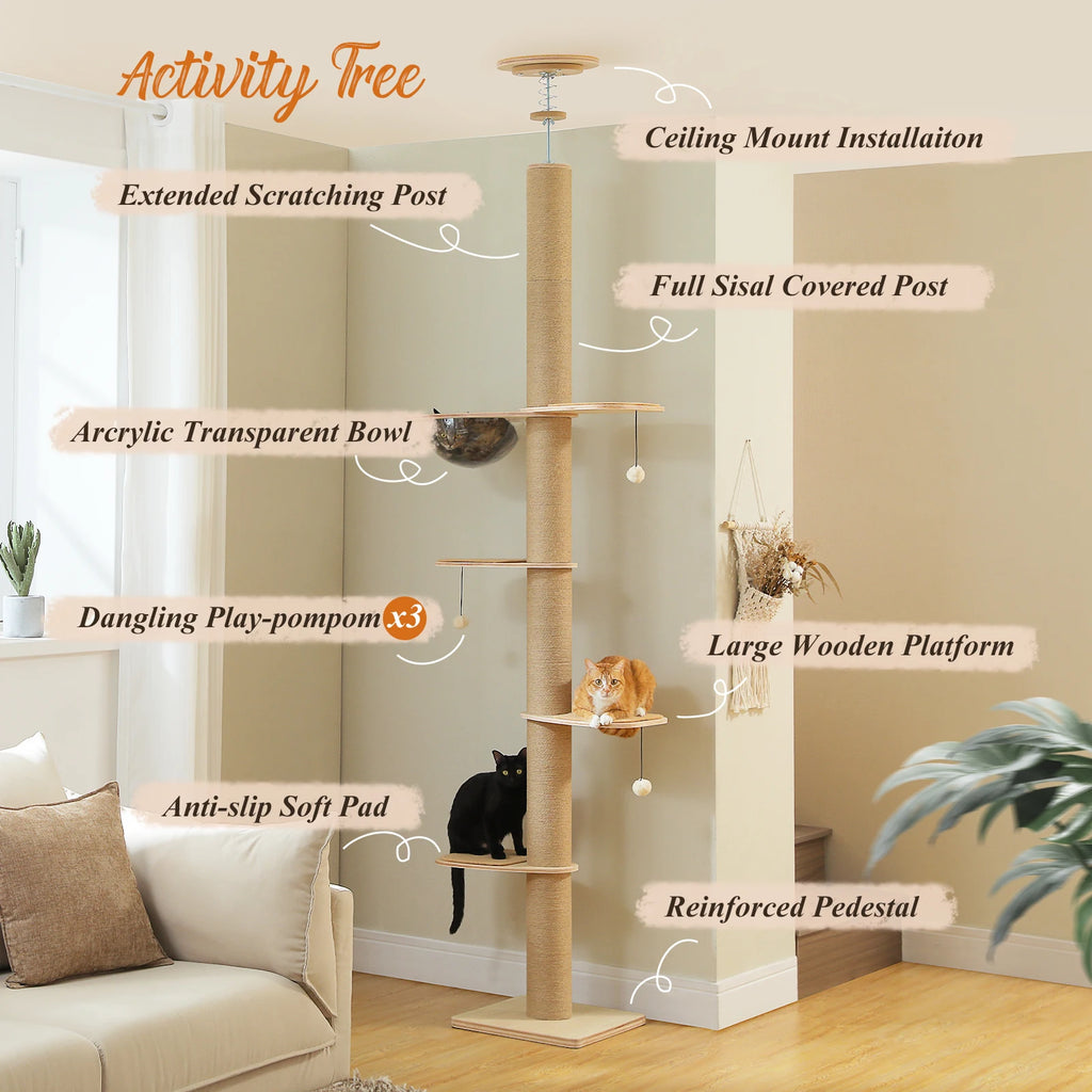 Adjustable Floor-to-Ceiling Cat Tree with Cave and Hanging Toys