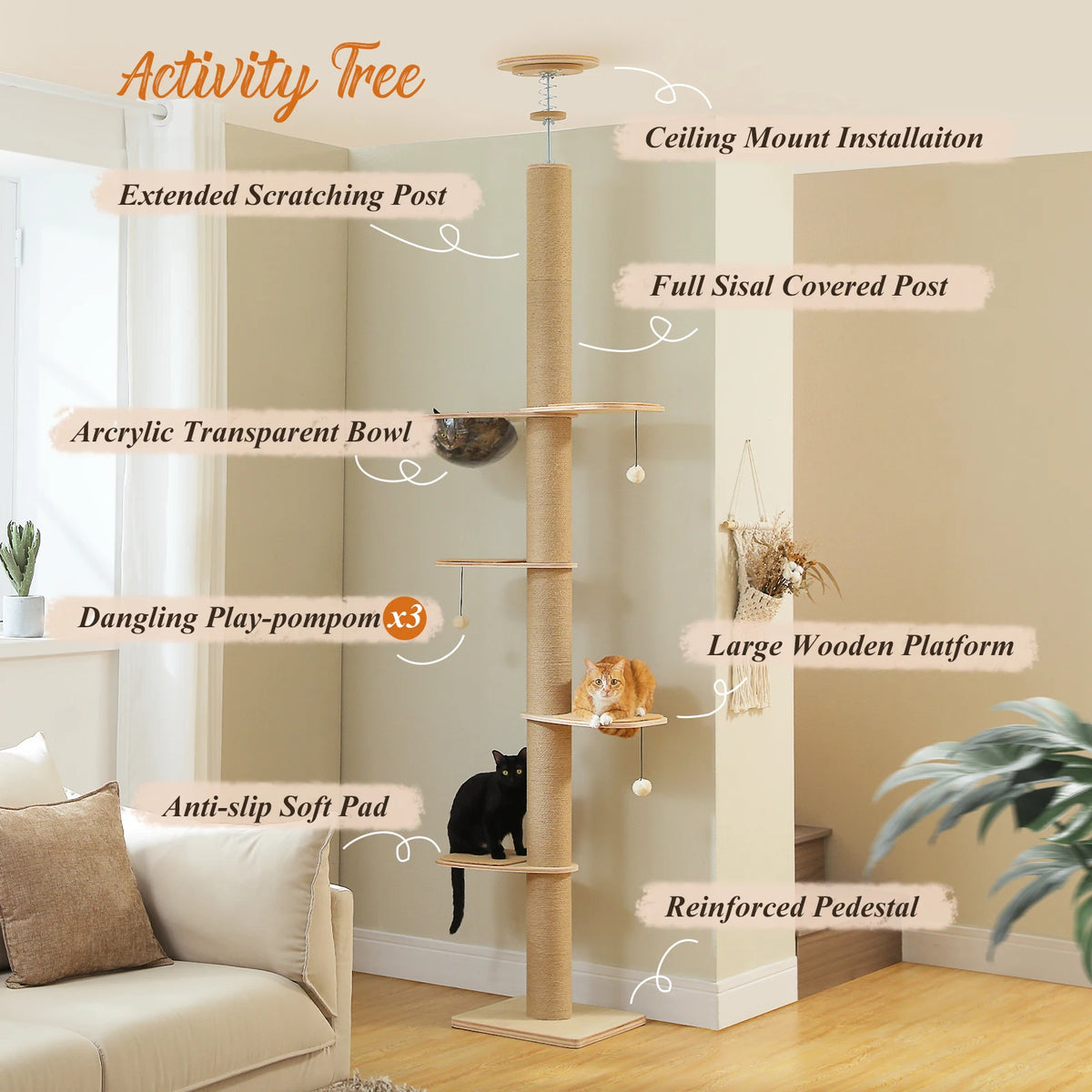Adjustable Floor-to-Ceiling Cat Tree with Cave and Hanging Toys