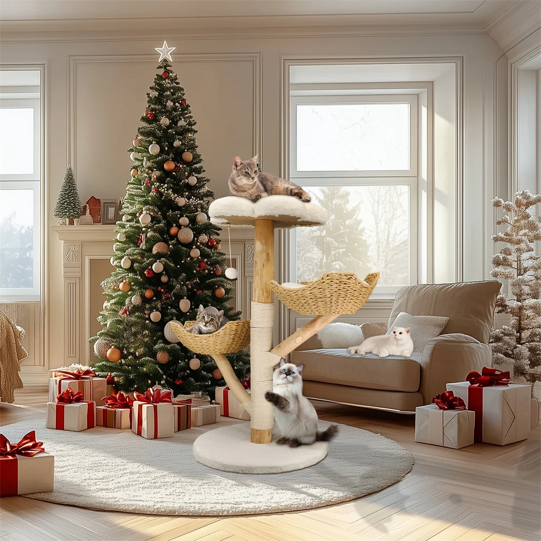 Modern Cat Climbing Tower with Scratching Post and Top Basket