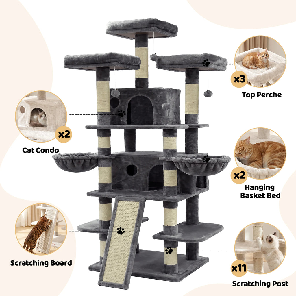 Large Multi-Level Cat Tree with Scratching Surfaces for Indoor Climbing