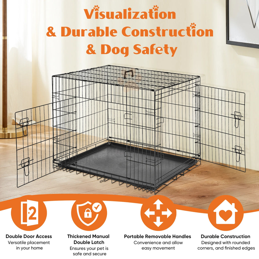 Folding Double Door Wire Dog Crate with Leak-Proof Pan