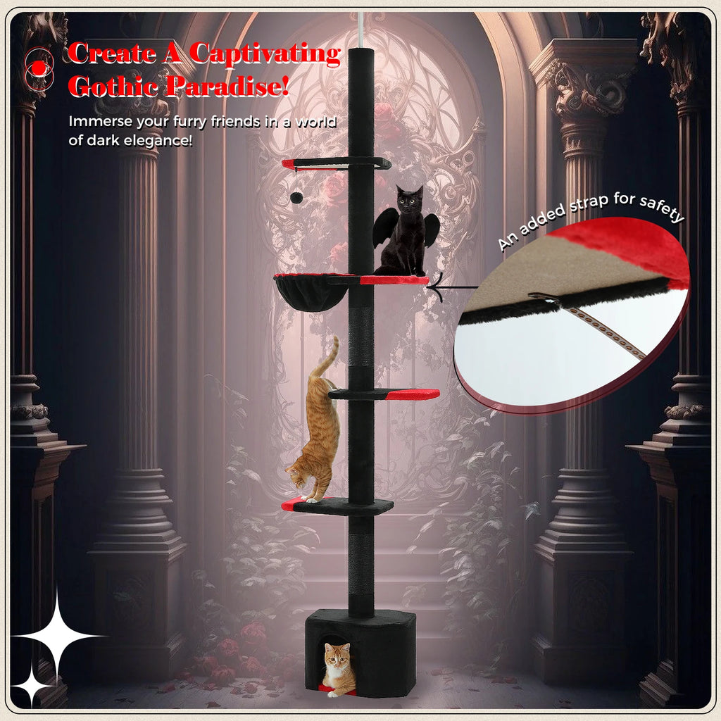 Adjustable Floor-to-Ceiling Cat Tower with Scratching Post and Dangling Ball