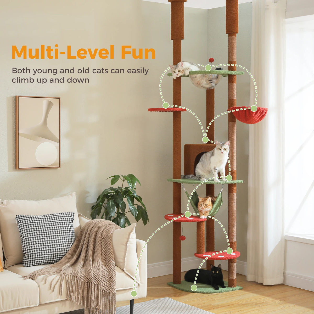 Adjustable Floor-to-Ceiling Cat Climbing Tower with Cactus Condo