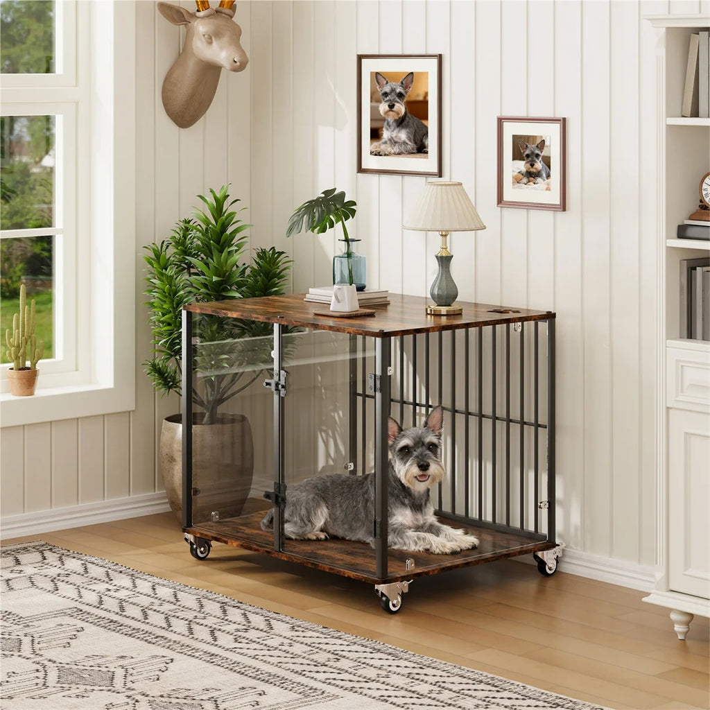 Furniture-Style Dog Kennel with Side Table and Lockable Wheels