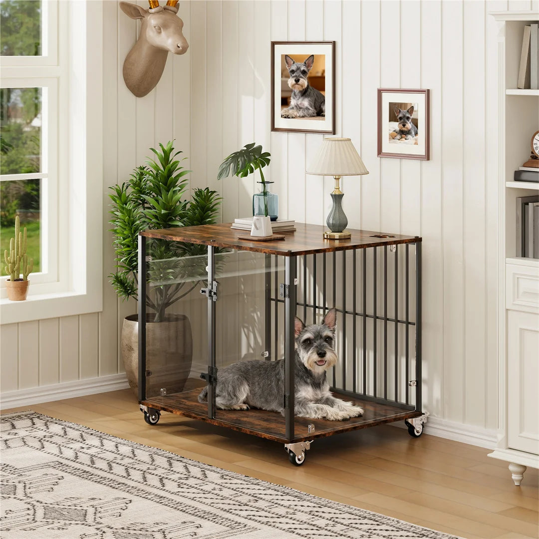 Furniture-Style Dog Kennel with Side Table and Lockable Wheels