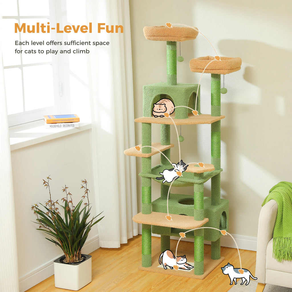Tall Multi-Level Cat Climbing Tower with Hammock, Condos, and Sisal Scratching Posts