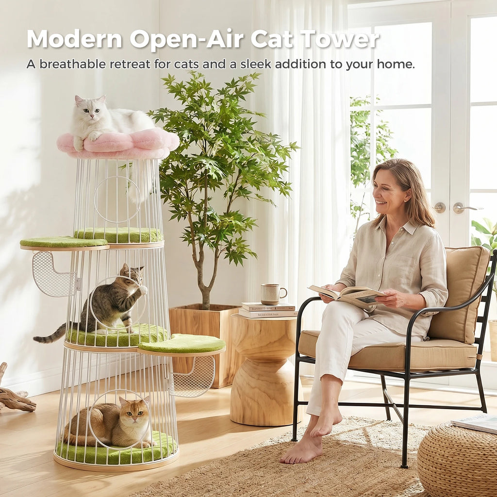 Multi-Level Indoor Cat Tower with Three Condos and Flower Perch