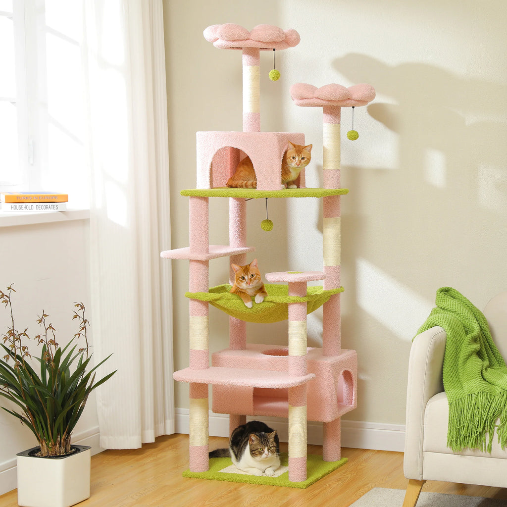 Multi-Level Cat Climbing Tower with Scratching Posts and Hammock