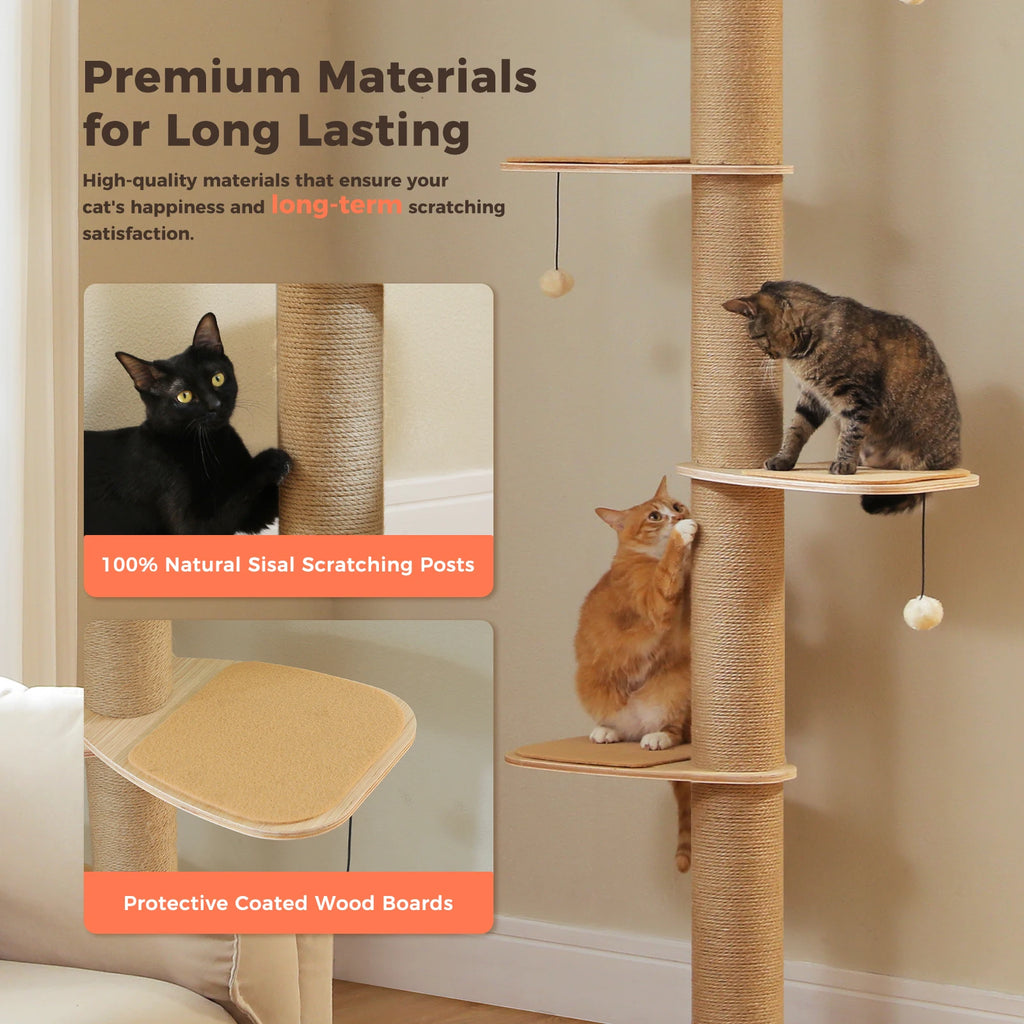 Adjustable Floor-to-Ceiling Cat Tree with Cave and Hanging Toys