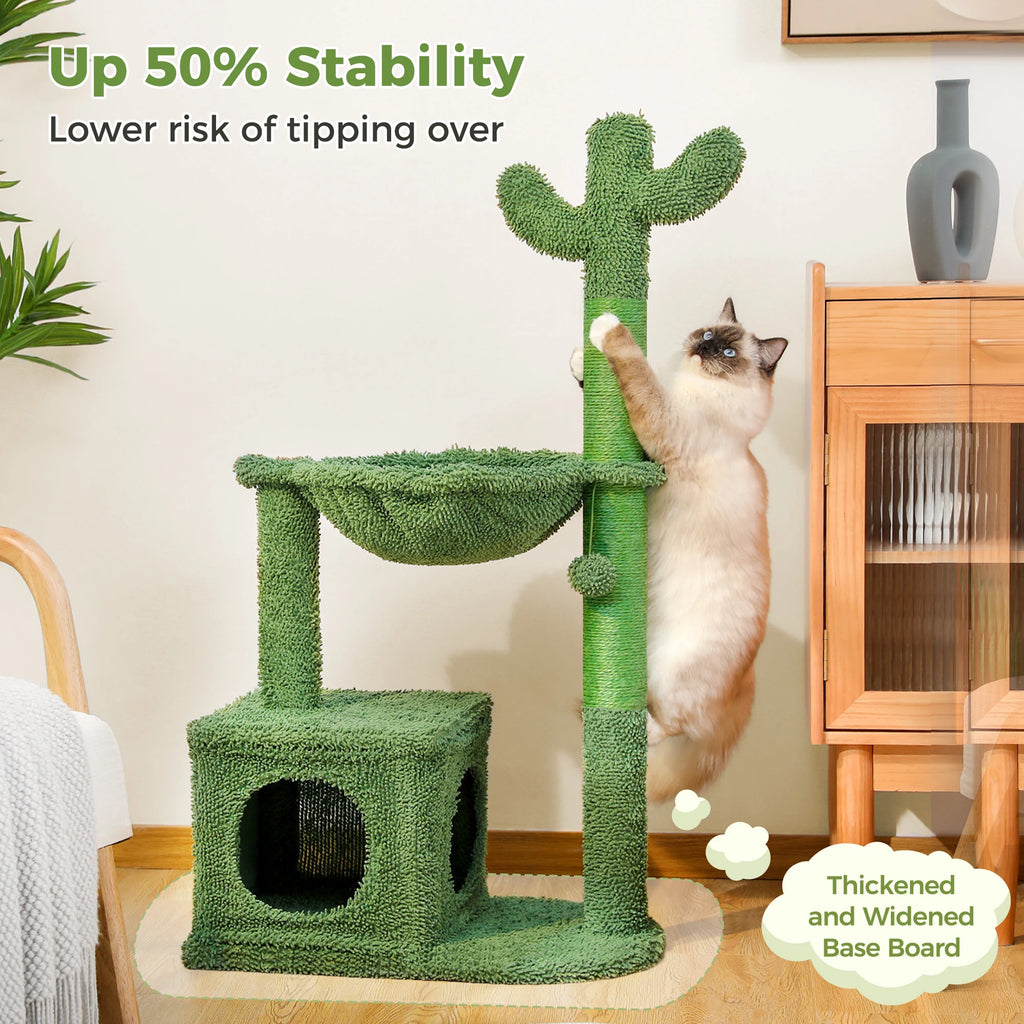 Cactus-Shaped Cat Tower with Condo, Hammock, and Scratching Post