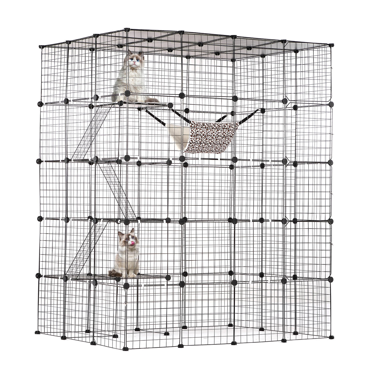 Multi-Tier Cat Enclosure with Hammock, Ramps, and Front Doors