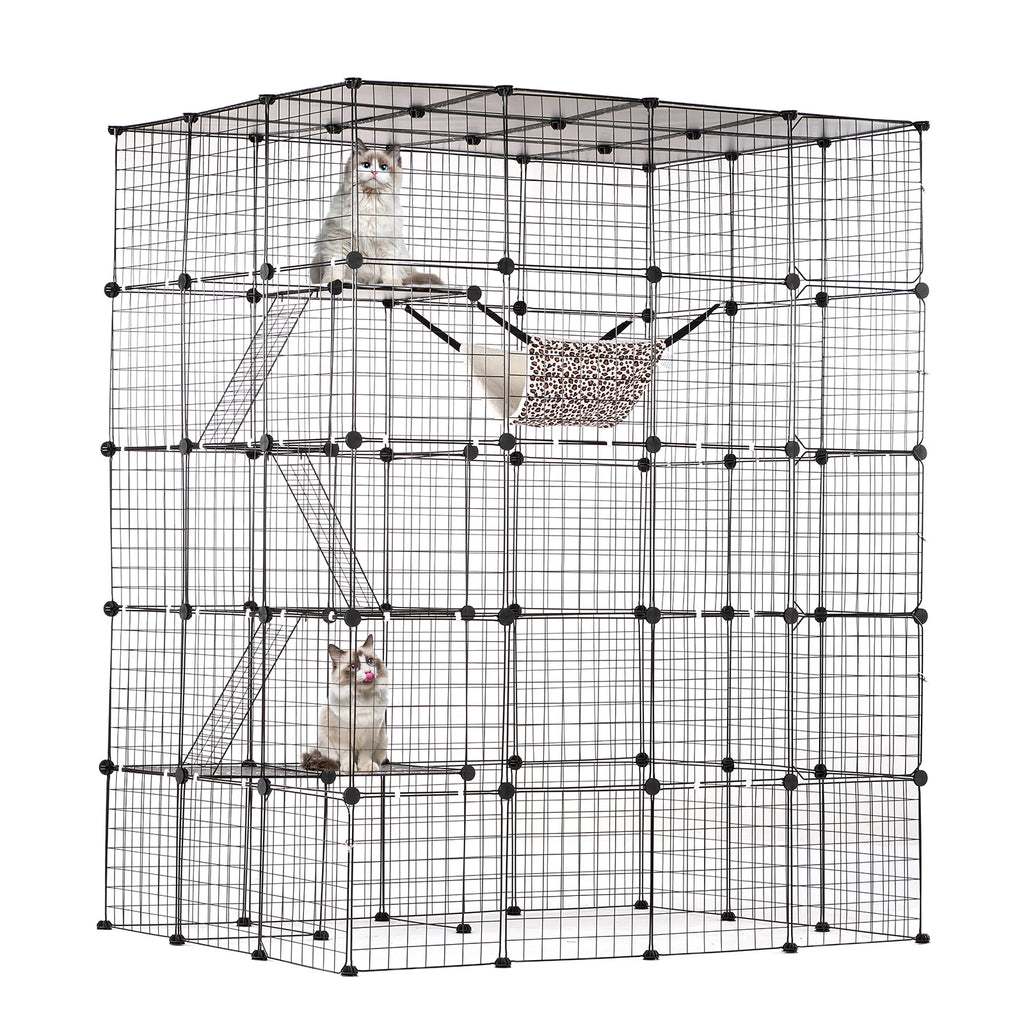 Multi-Tier Cat Enclosure with Front Doors, Hammock, and Ramp Ladders