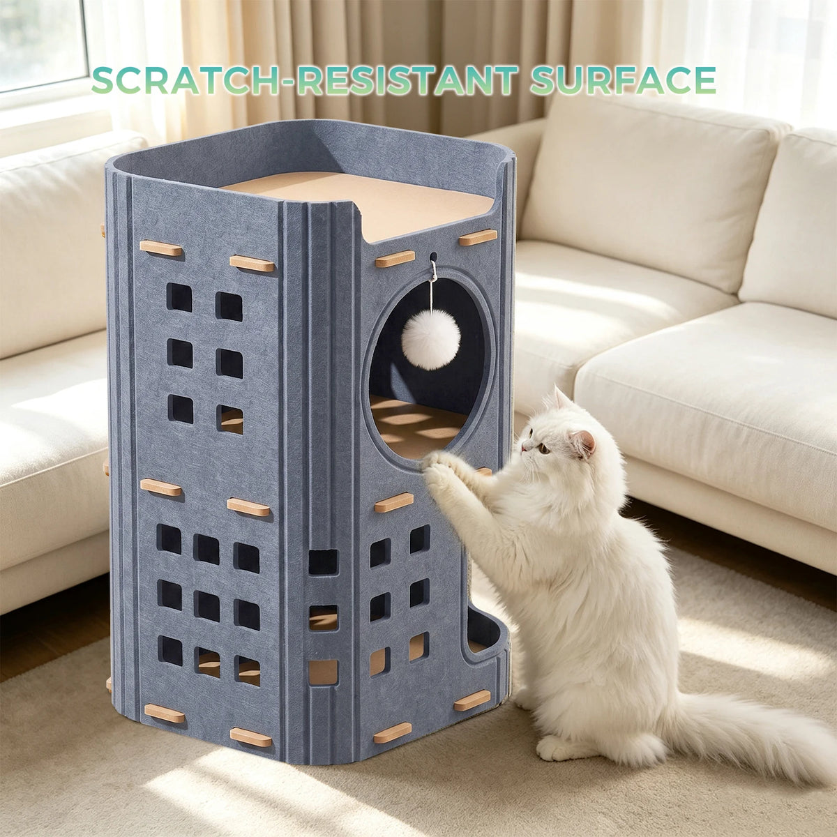 Two-Tier Detachable Cat Condo with Double Cave and Hanging Toy