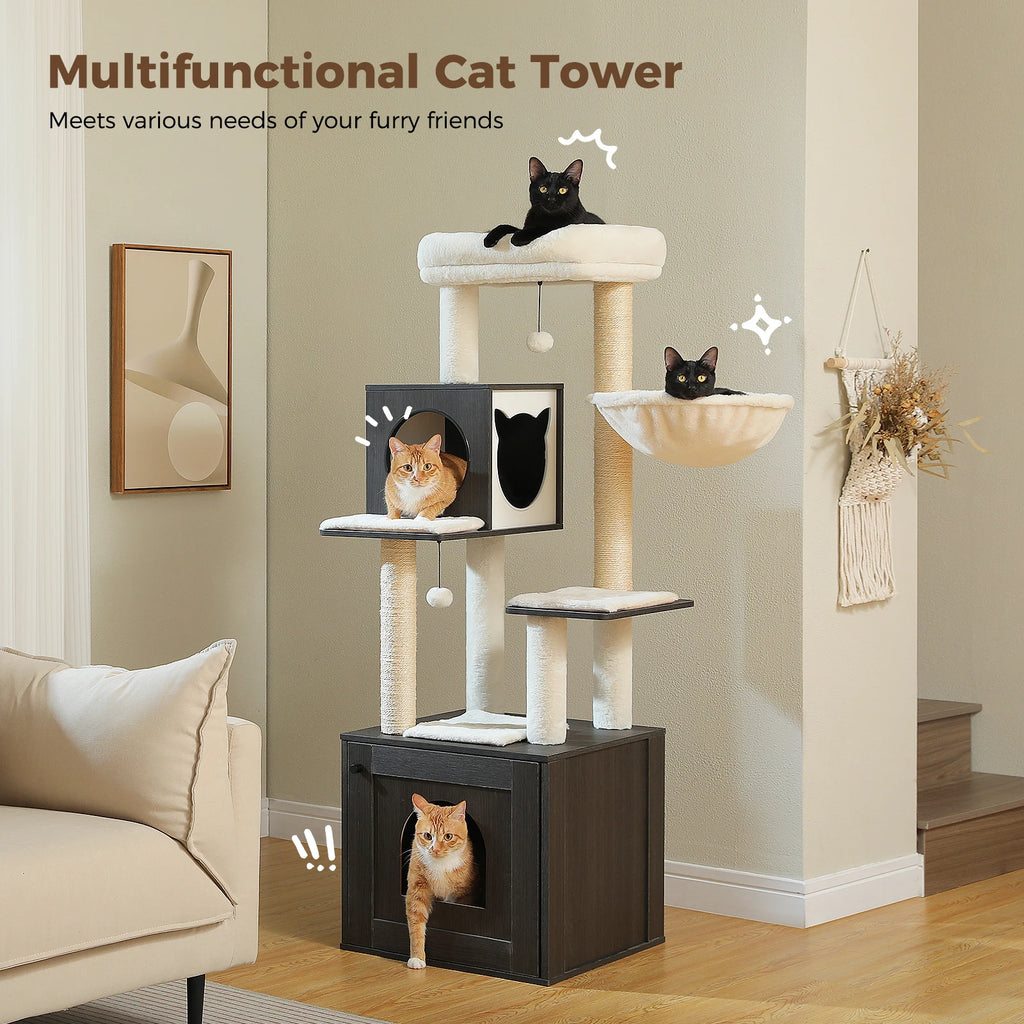 Multi-Level Indoor Cat Tower with Litter Box Cabinet and Hammock